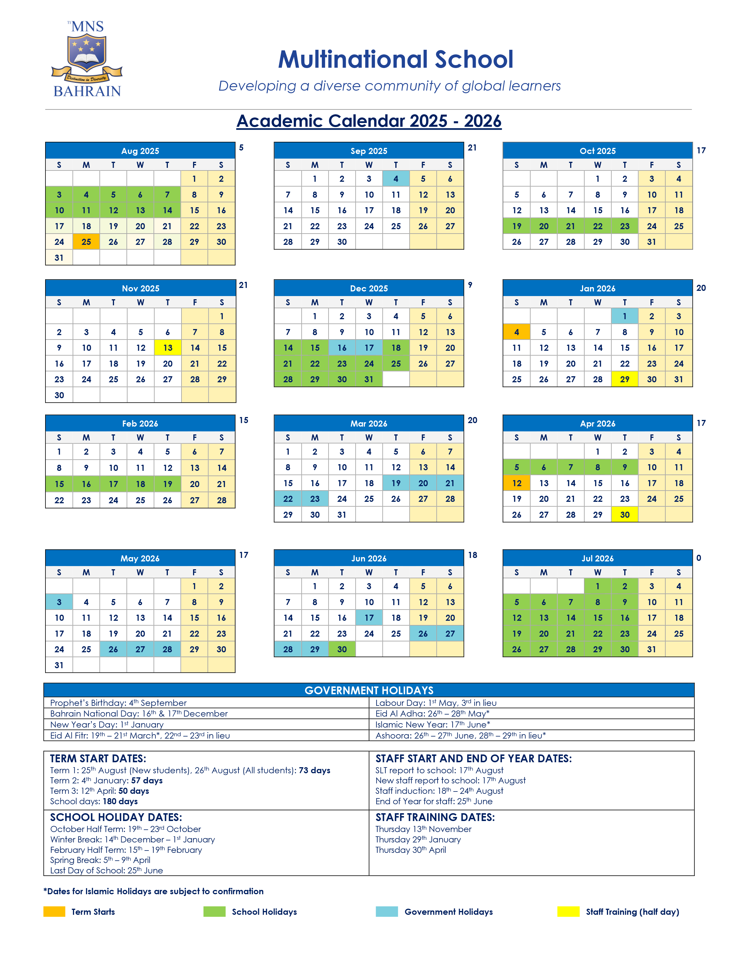 School Calendar (2025 – 2026)